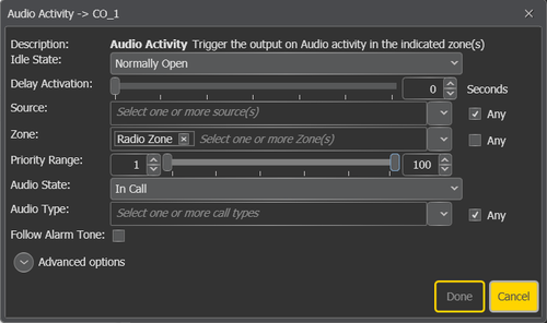 Control output programmed with Audio activity